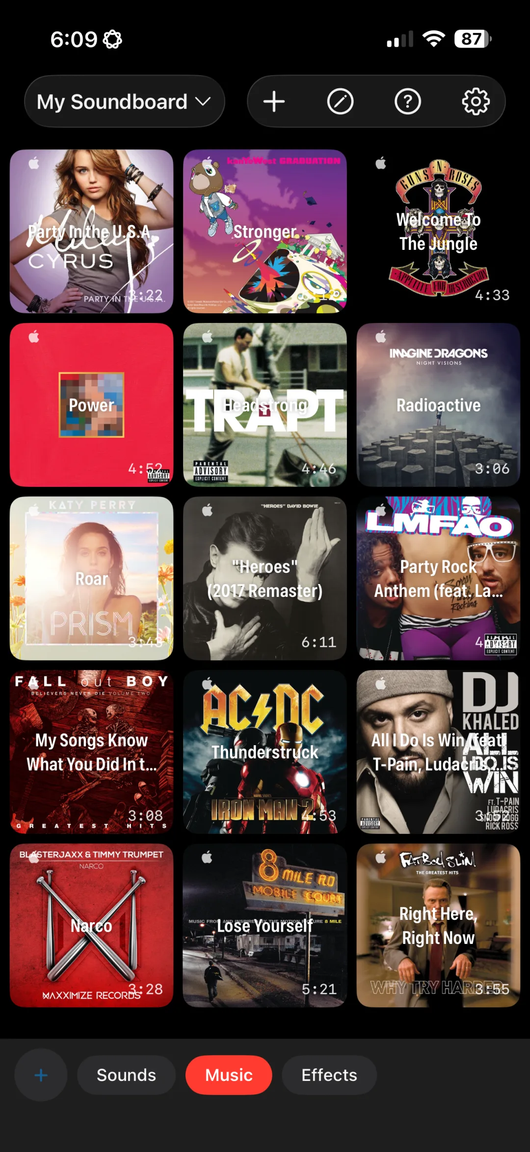 Apple Music search with album artwork on sound buttons