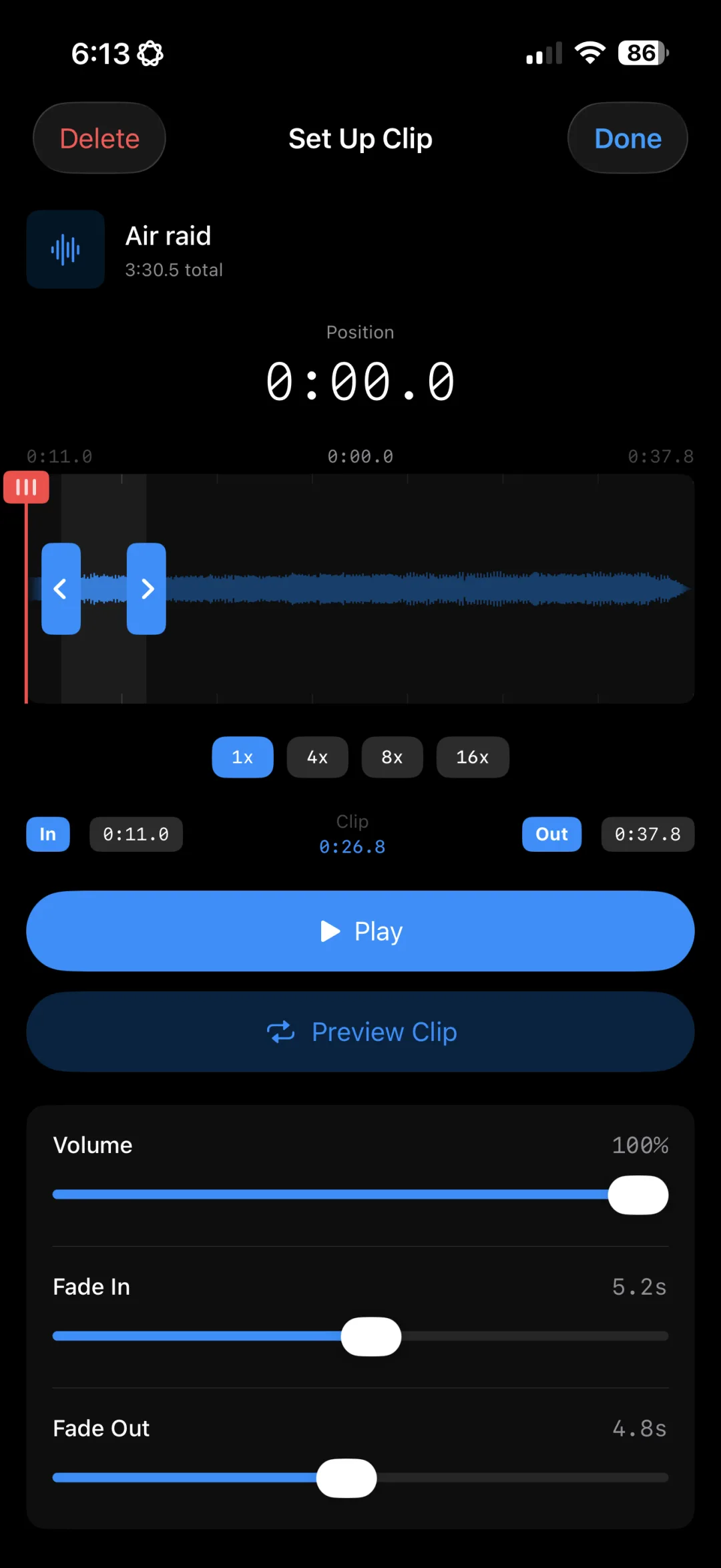 Clip editor with waveform, cue points, and fade controls