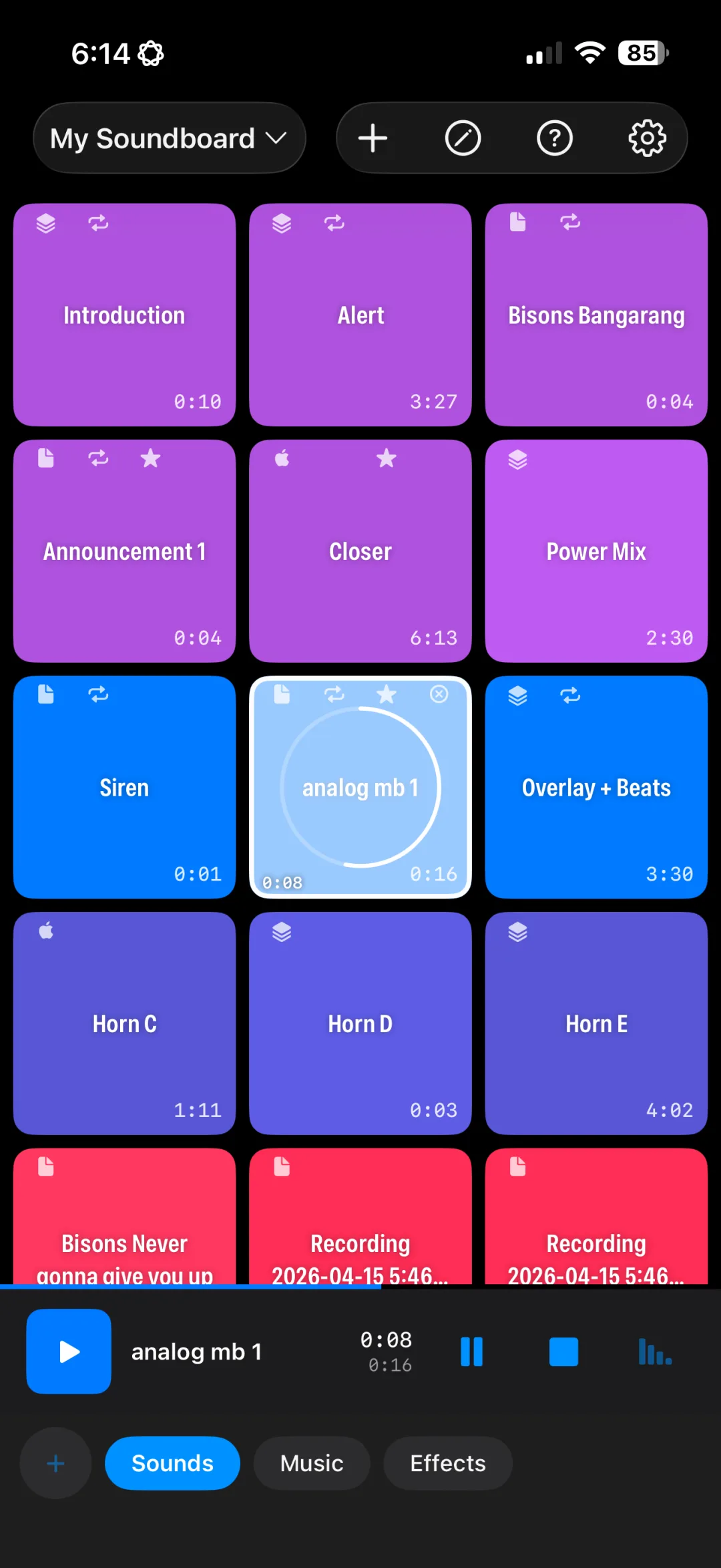 Sound button playing with progress animation
